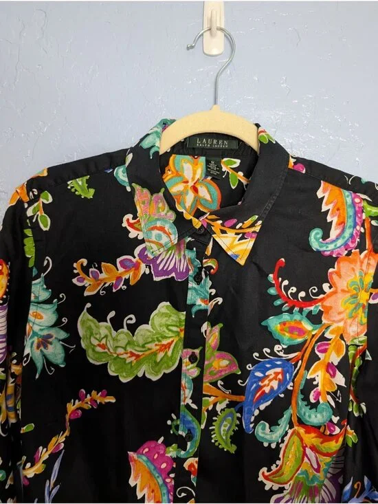 Lauren Ralph Lauren Womens Colorful Paisley Floral Button-Down Blouse 1X Black - Picture 8 of 16